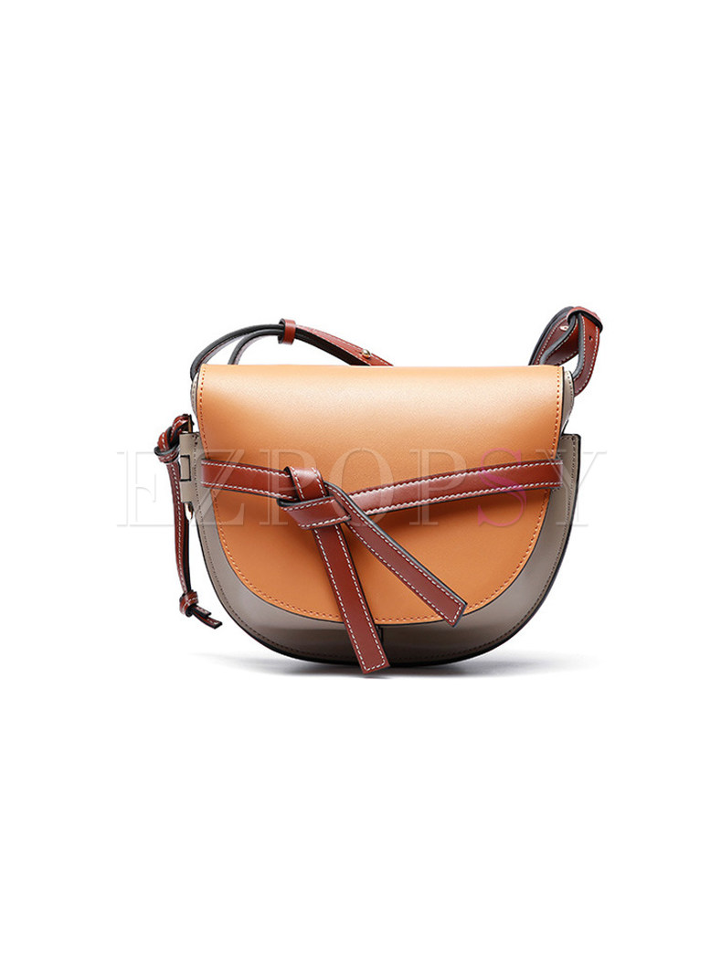 Stylish Color-blocked Bowknot Leather Crossbody Bag