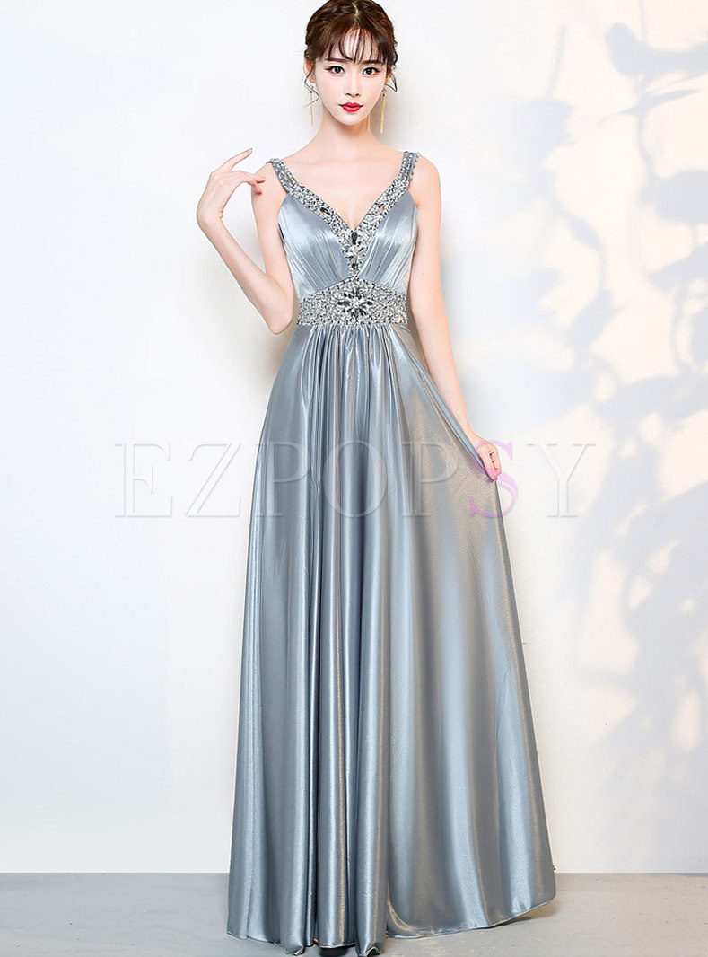 Grey Deep V-neck Beaded Slim Maxi Prom Dress