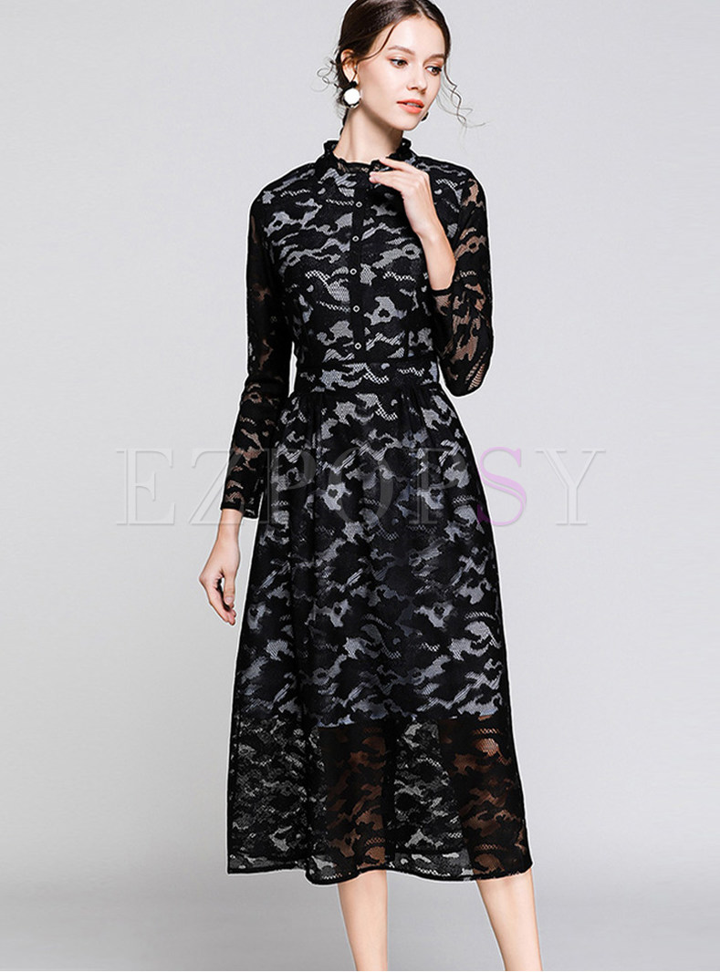 Falbala Standing Collar Long Sleeve Lace Dress