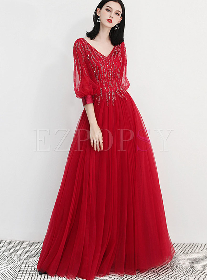 Red V-neck Long Sleeve Slim Autumn Wedding Dress