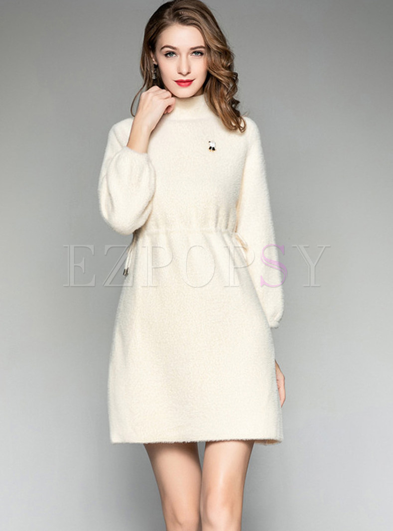 High Neck Waist Knitted Dress With Decoration