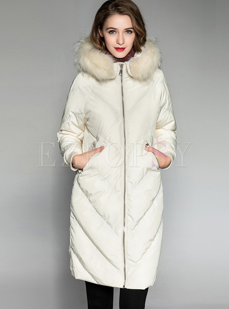 Hooded Fur Collar Zippered Pure Color Coat