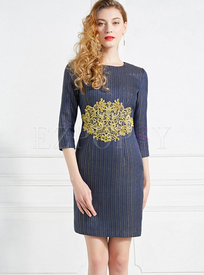 Three Quarters Sleeve Striped Embroidered Bodycon Dress