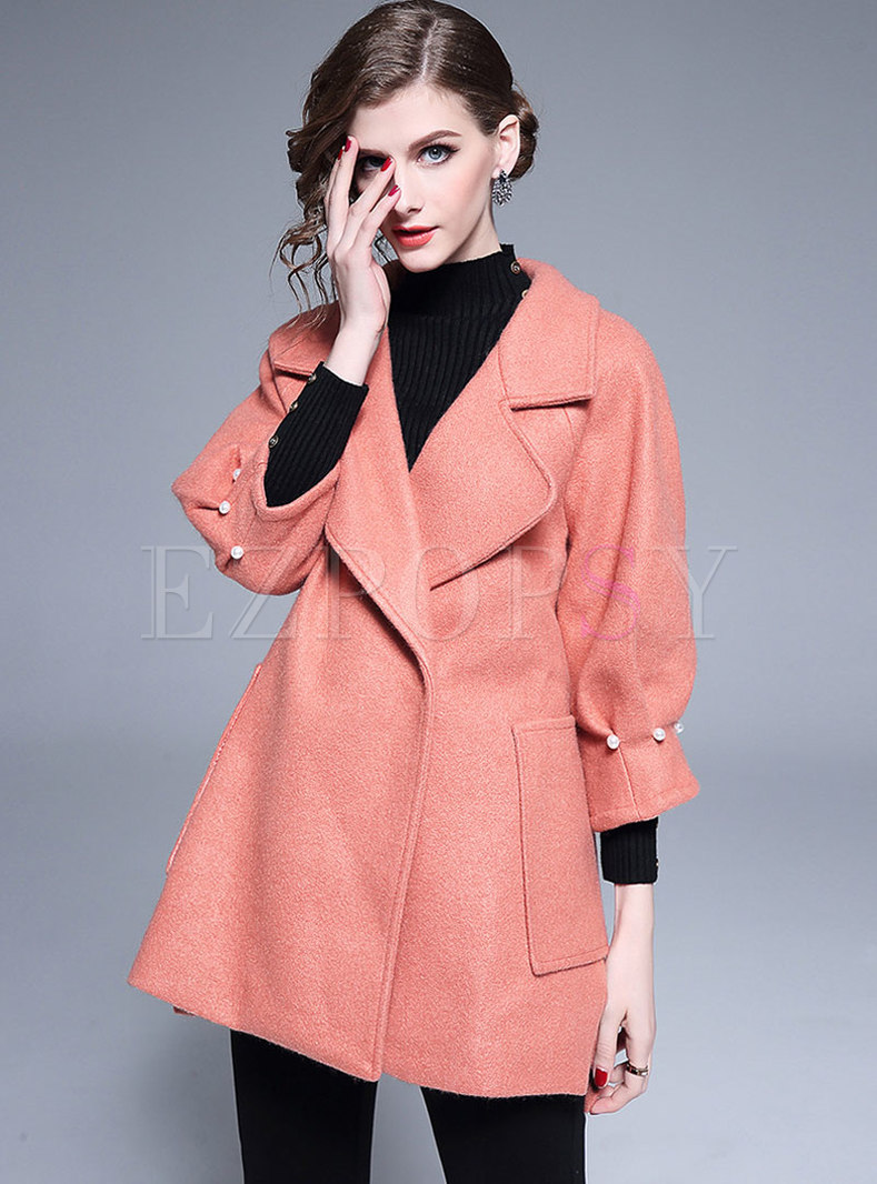 Solid Color Tied-waist Lantern Sleeve Woolen Coat