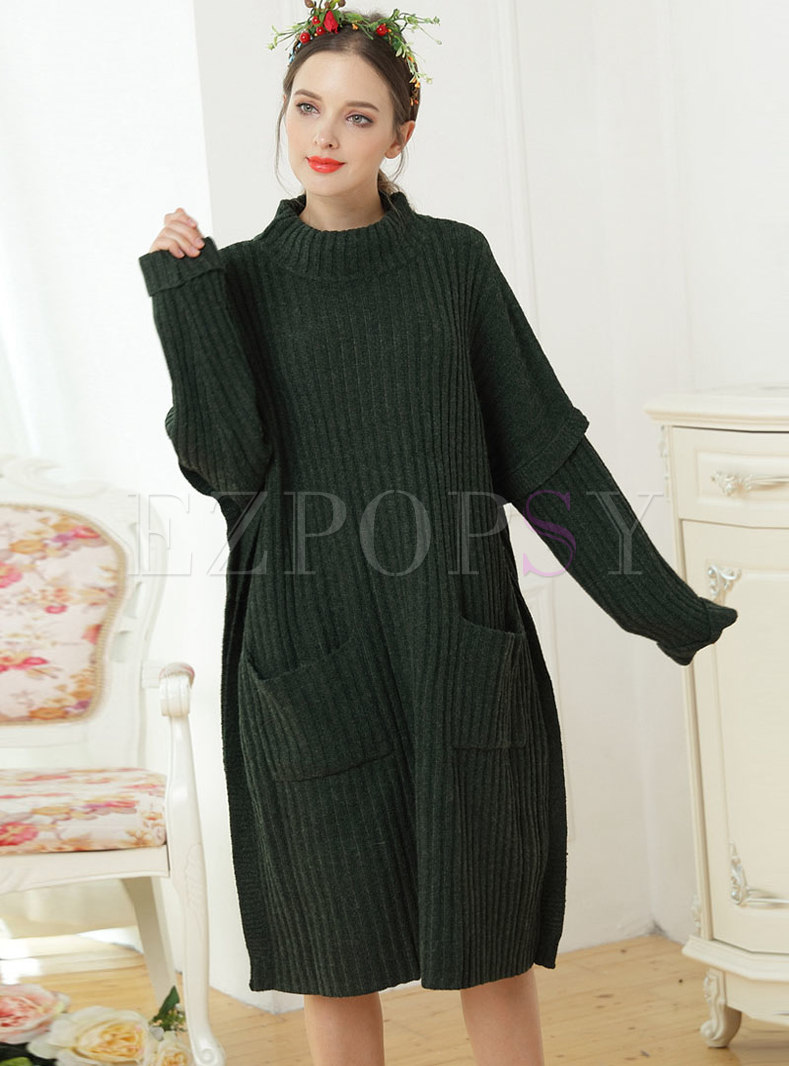 Pure Color Stand Collar Loose Knitted Dress