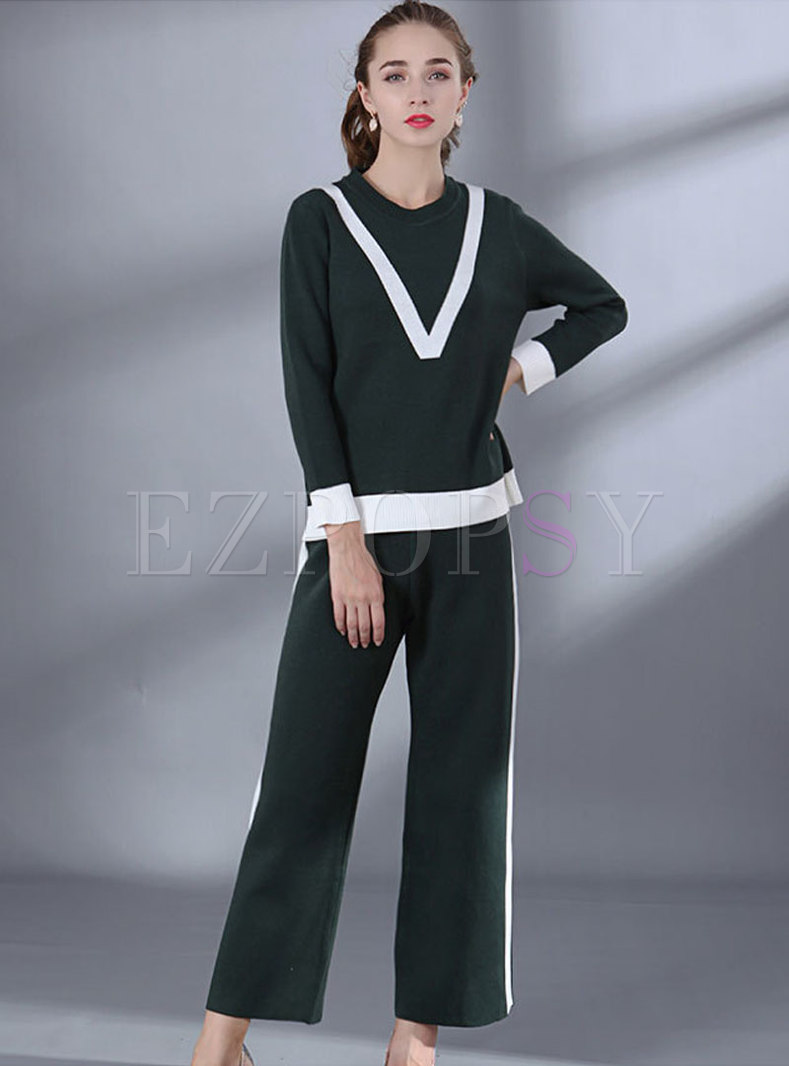 Stylish Color-blocked O-neck Sweater & Straight Knitted Pants 
