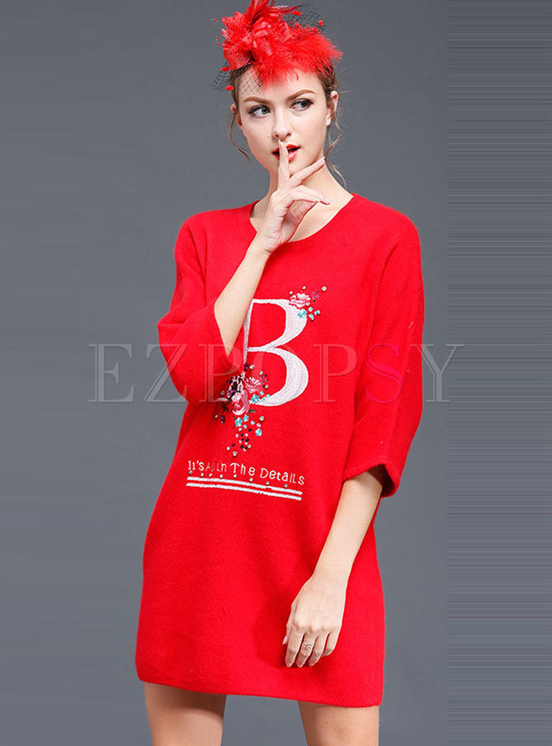 Letter Print Drilling Three Quarters Sleeve Knitted Dress