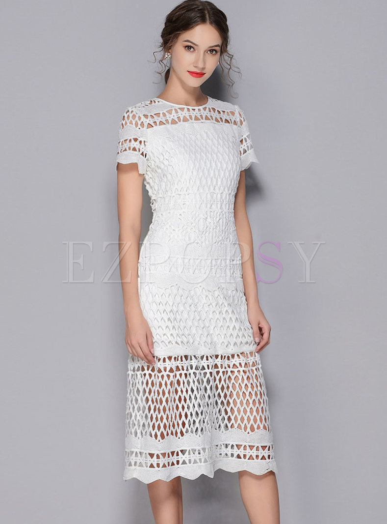 Chic White Hollow Out Slim Lace Dress