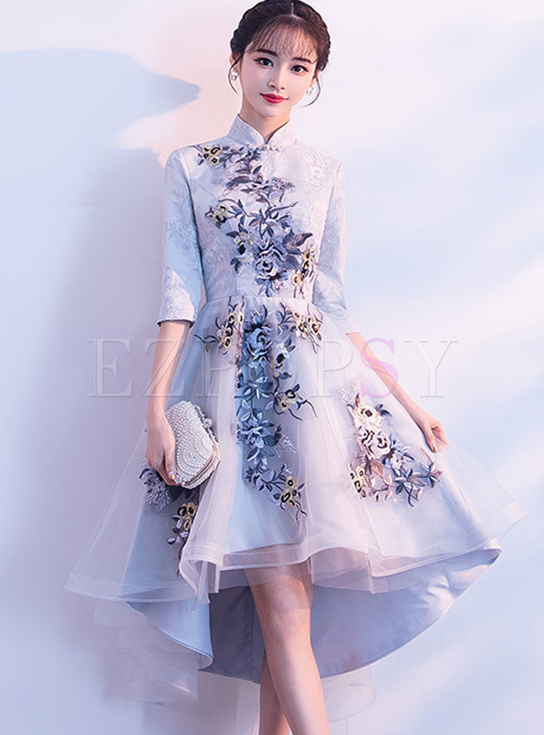 Mesh Splicing Mandarin Collar Embroidered Asymmetric Party Dress