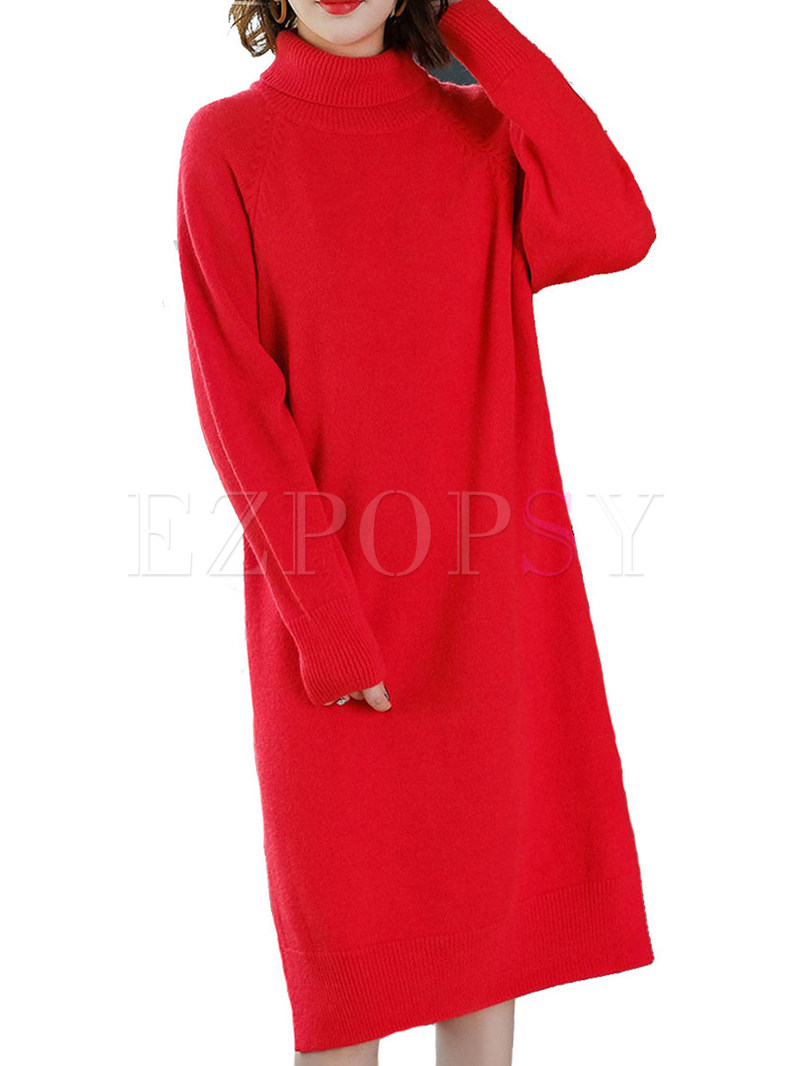 Trendy High Neck Solid Color Loose Knitted Dress
