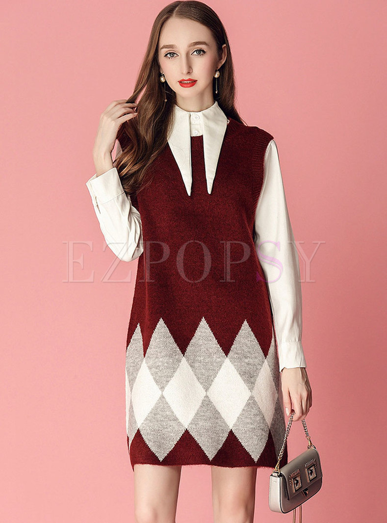Solid Color Lapel Single-breasted Blouse & Plaid Sleeveless Knitted Dress