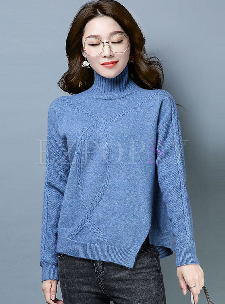 Tops | Sweaters | Brief High Neck Loose Irregular Slit Sweater