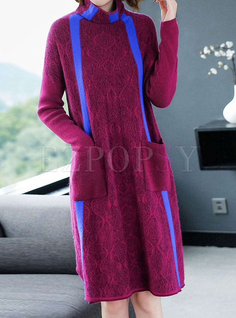 Purple High Neck Striped Loose Knitted Dress With Pockets