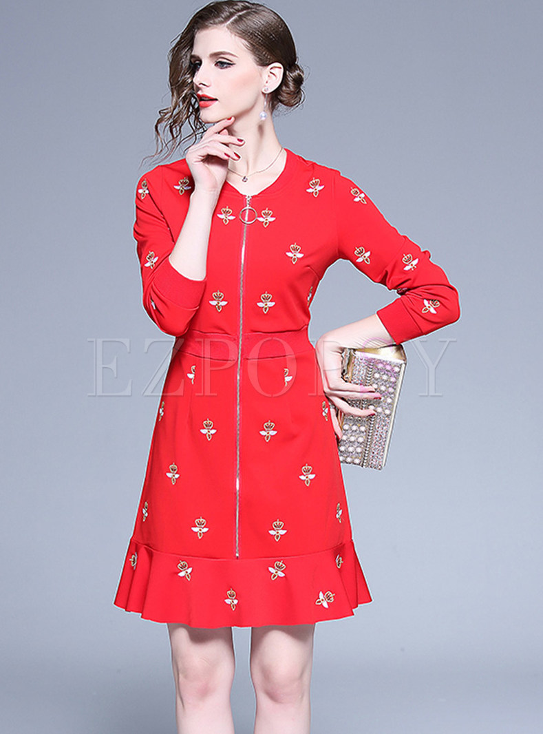 Bee Embroidered Zippered Skater Dress