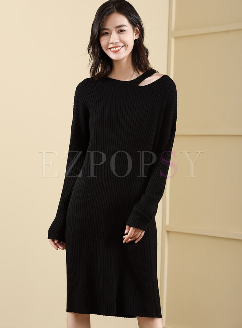 Chic Plus Size Drop Shoulder Sleeve Loose Knitted Dress