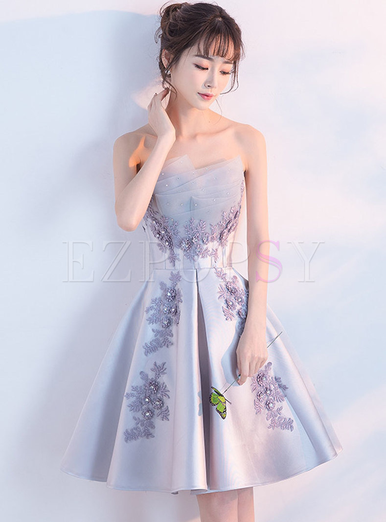 Elegant Splicing Embroidered Bandeau Slim Short Party Dress