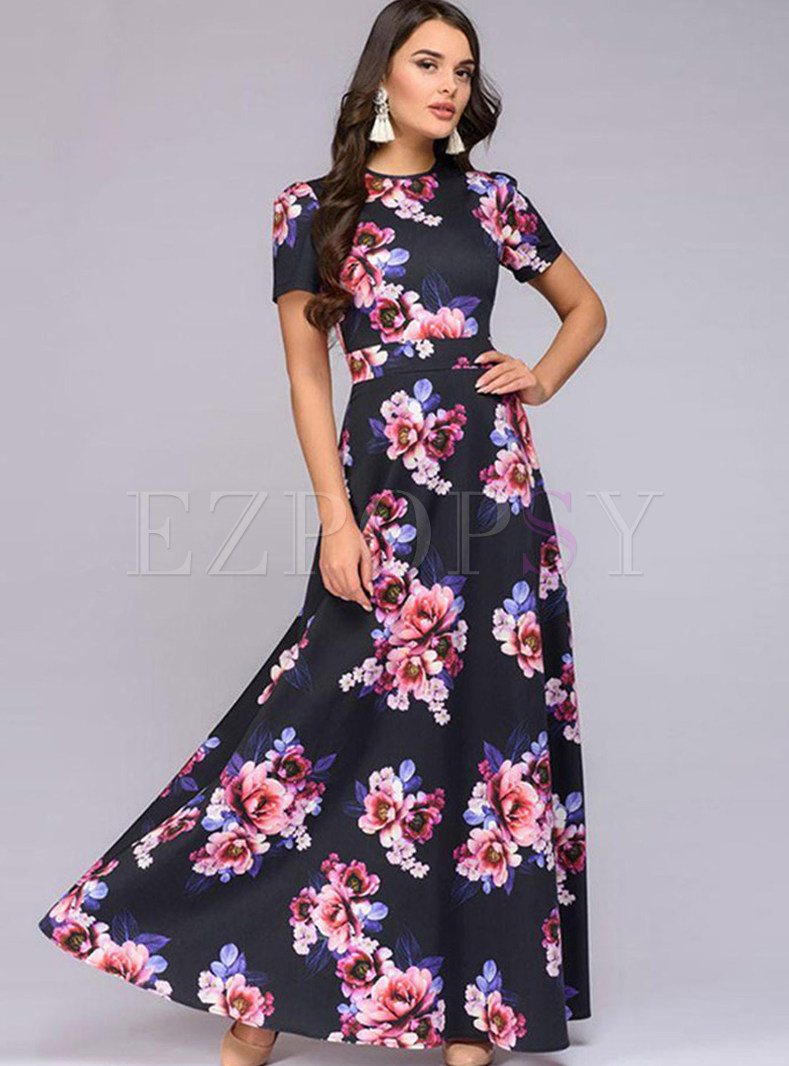 Elegant O-neck Short Sleeve Floral Prom Maxi Dress