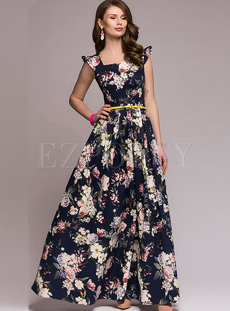 Fashion Sleeveless Big Hem Print Prom Dress