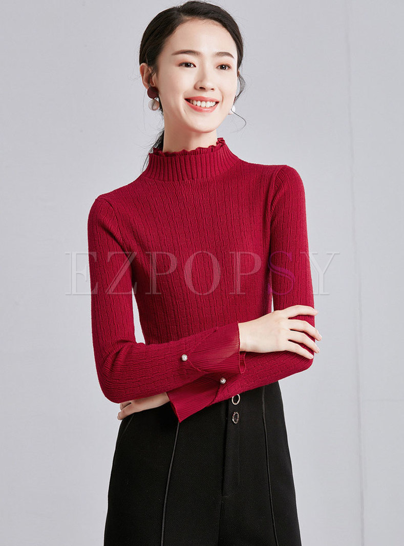 Pure Color Splicing Ruffled Collar Slim Knitted Sweater
