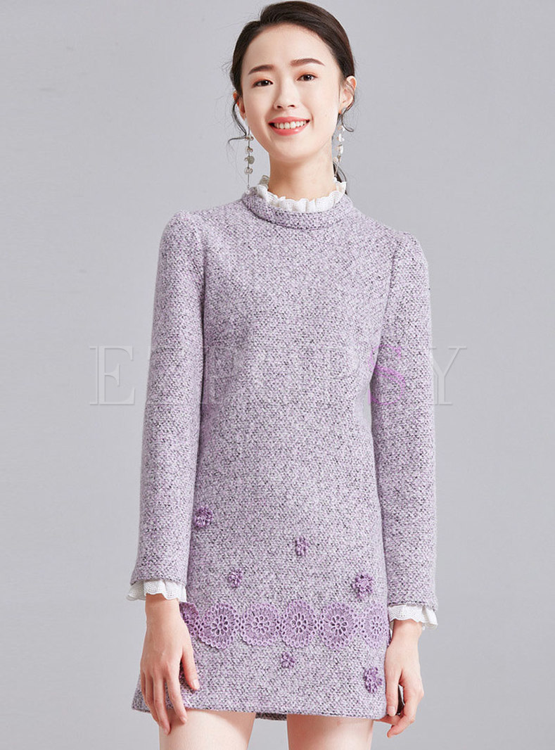 Winter Splicing Ruffled Collar Woolen Mini Dress