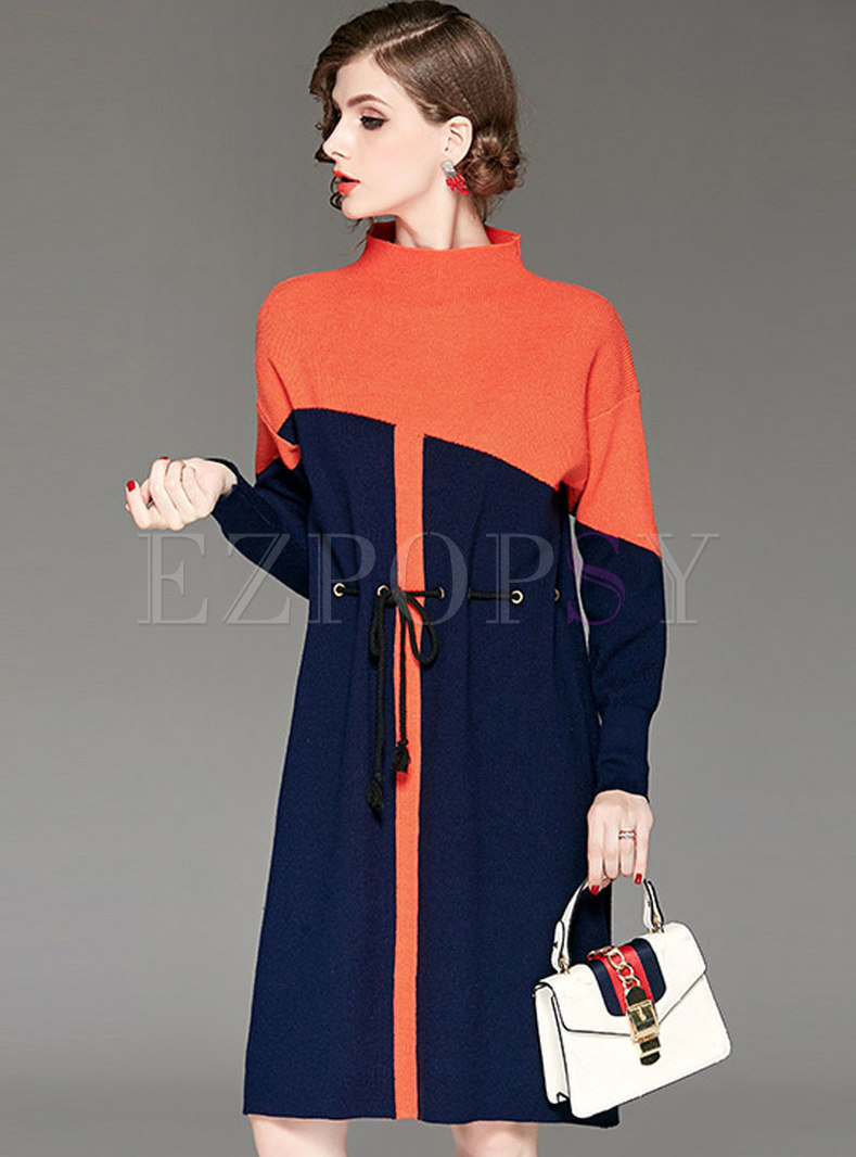 Chic Standing Collar Hit Color Gathered Waist Dress