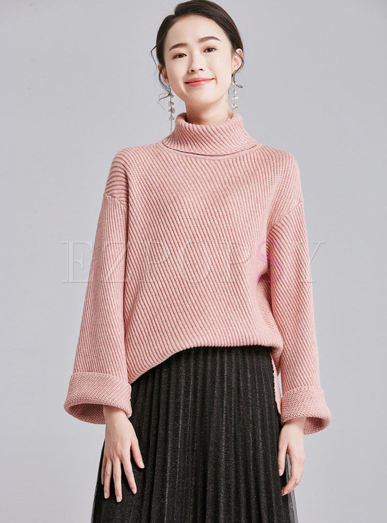 Casual Flare Sleeve High Neck Loose Sweater