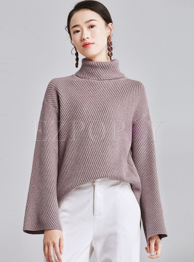 Solid Color Flare Sleeve High Neck Loose Sweater