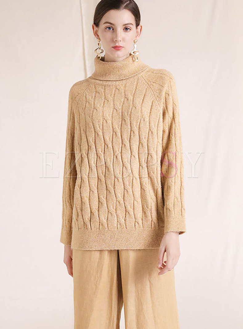 Casual High Neck Twist Long Sleeve Loose Sweater