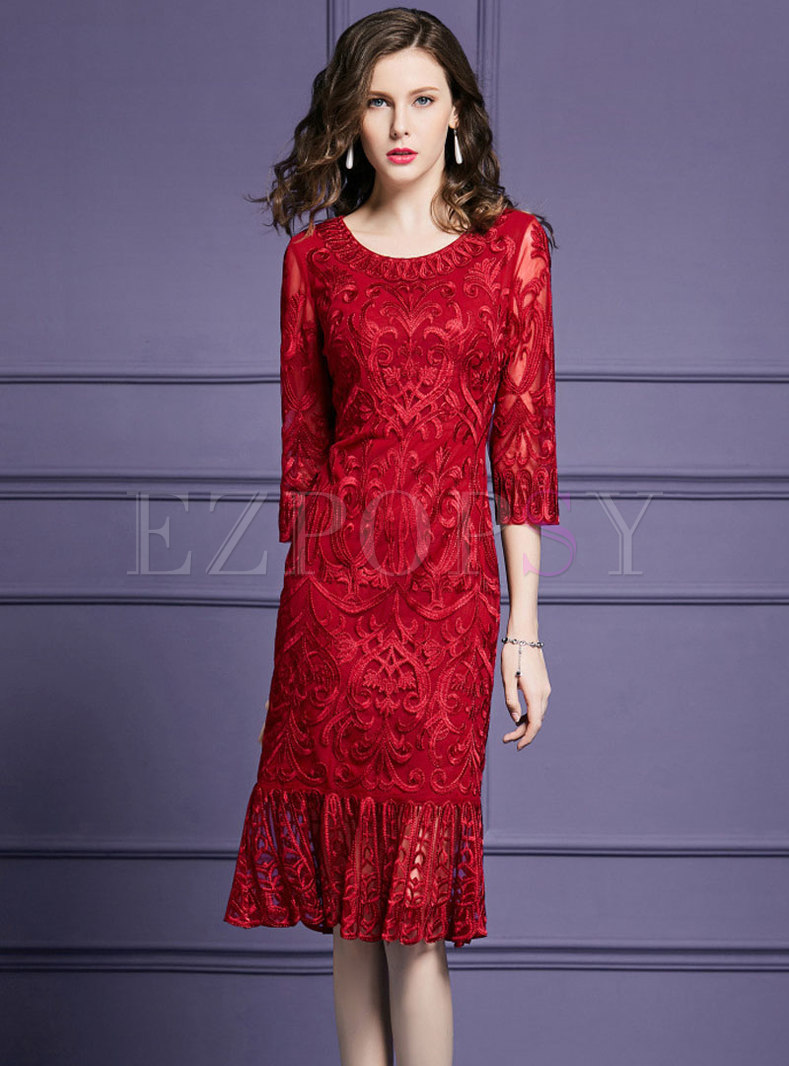 Fashion Red Three Quarters Sleeve Mermaid Dress