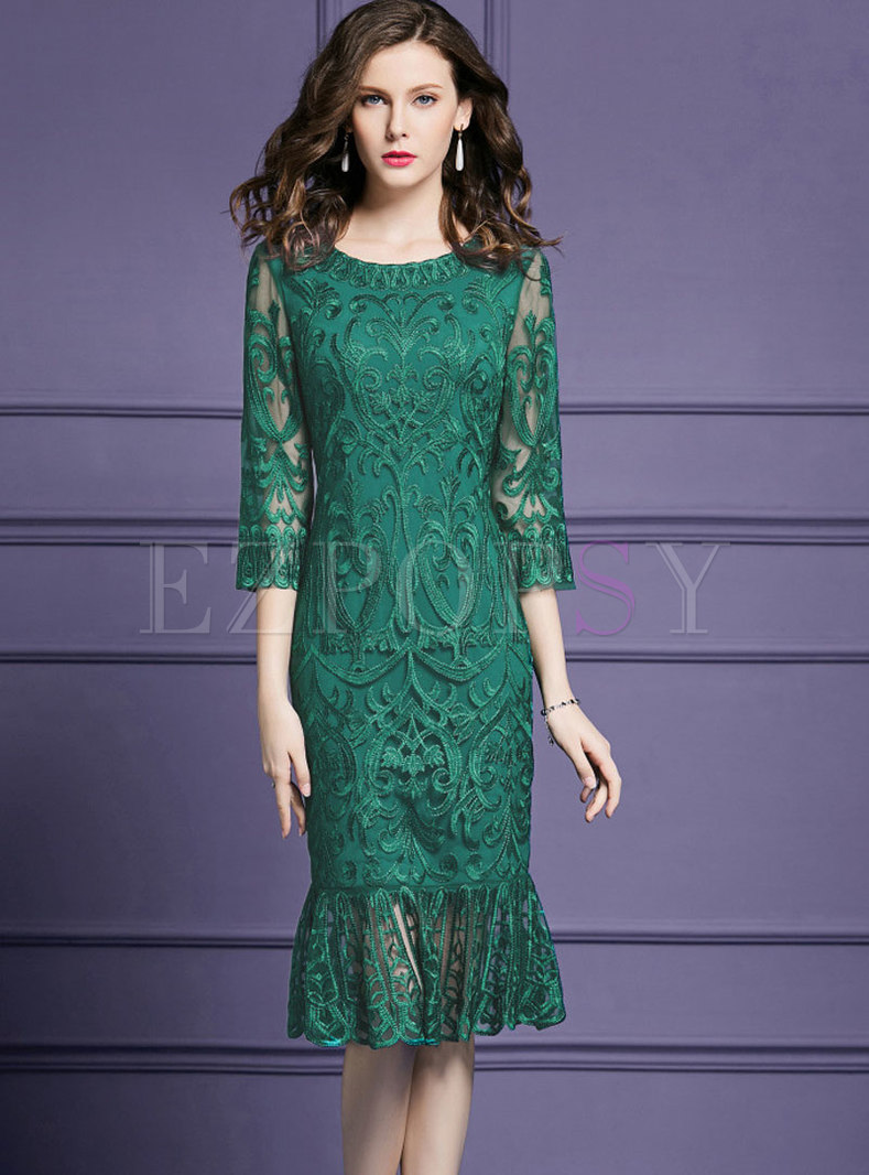 Fashion Green Three Quarters Sleeve Mermaid Dress
