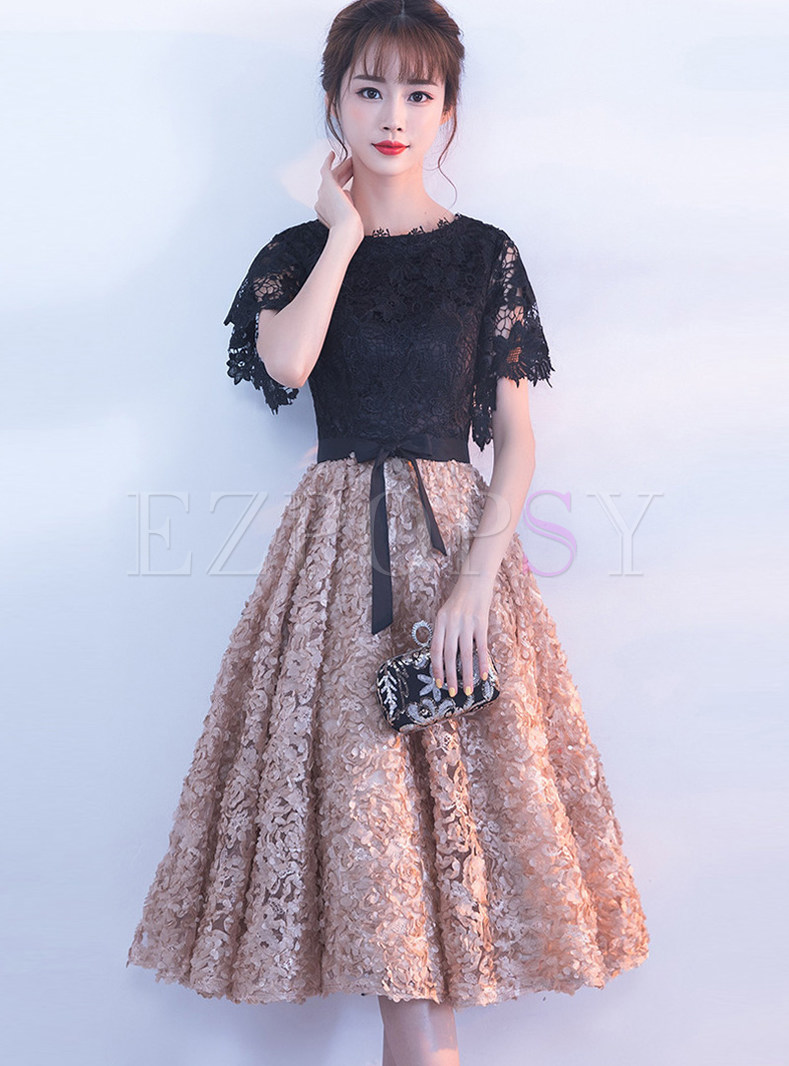 Hollow Out Bowknot Splicing Knee-length Lace Evening Dress