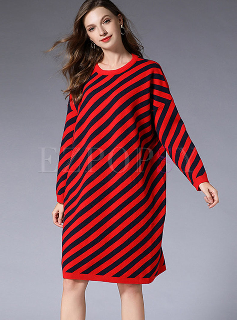 Fashion Red Striped Plus Size Knitted Dress