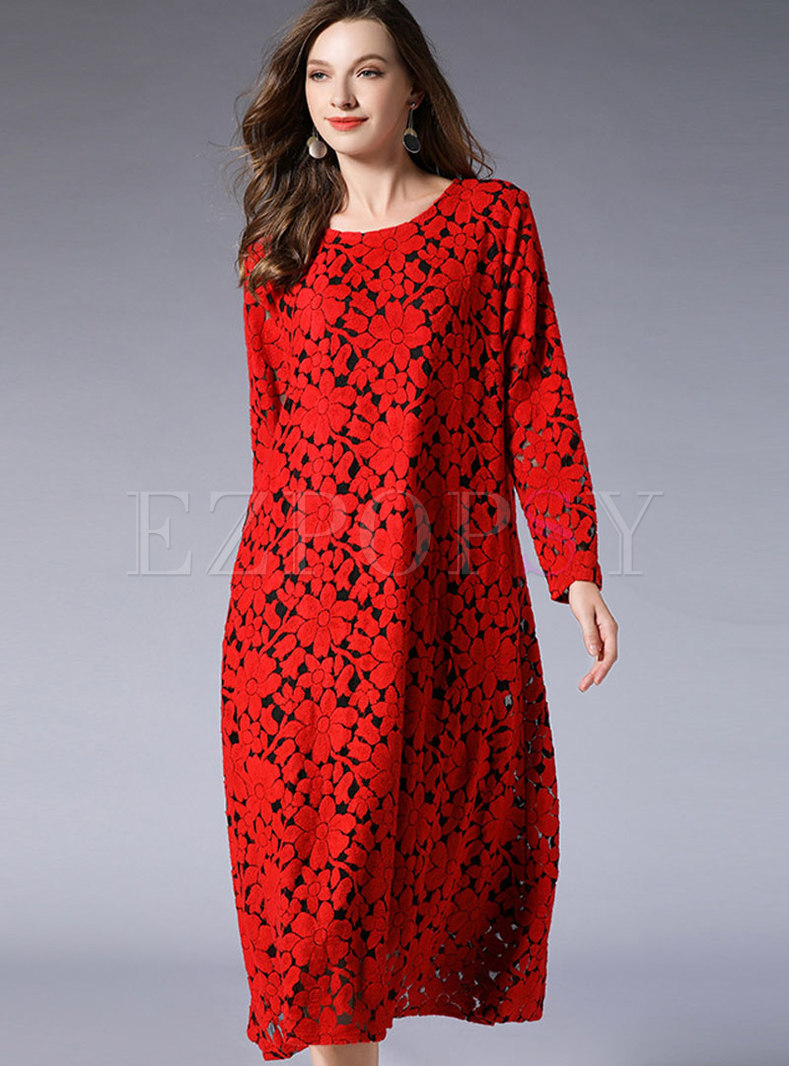 Stylish Lace-paneled O-neck Long Sleeve Loose Dress