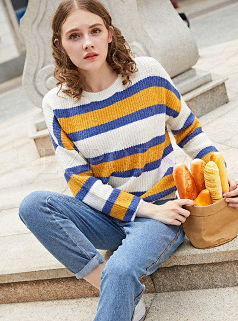 Sweet Color-blocked Striped Loose Sweater