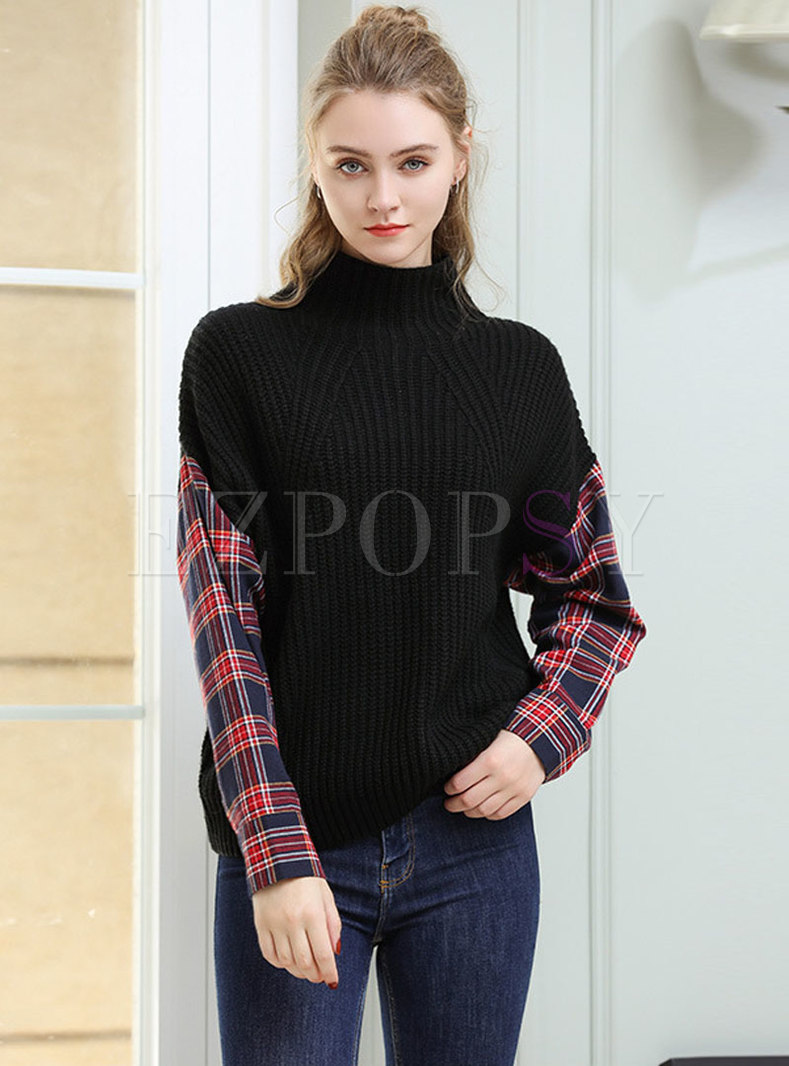 Stylish Grid Splicing High Neck Knitted Sweater