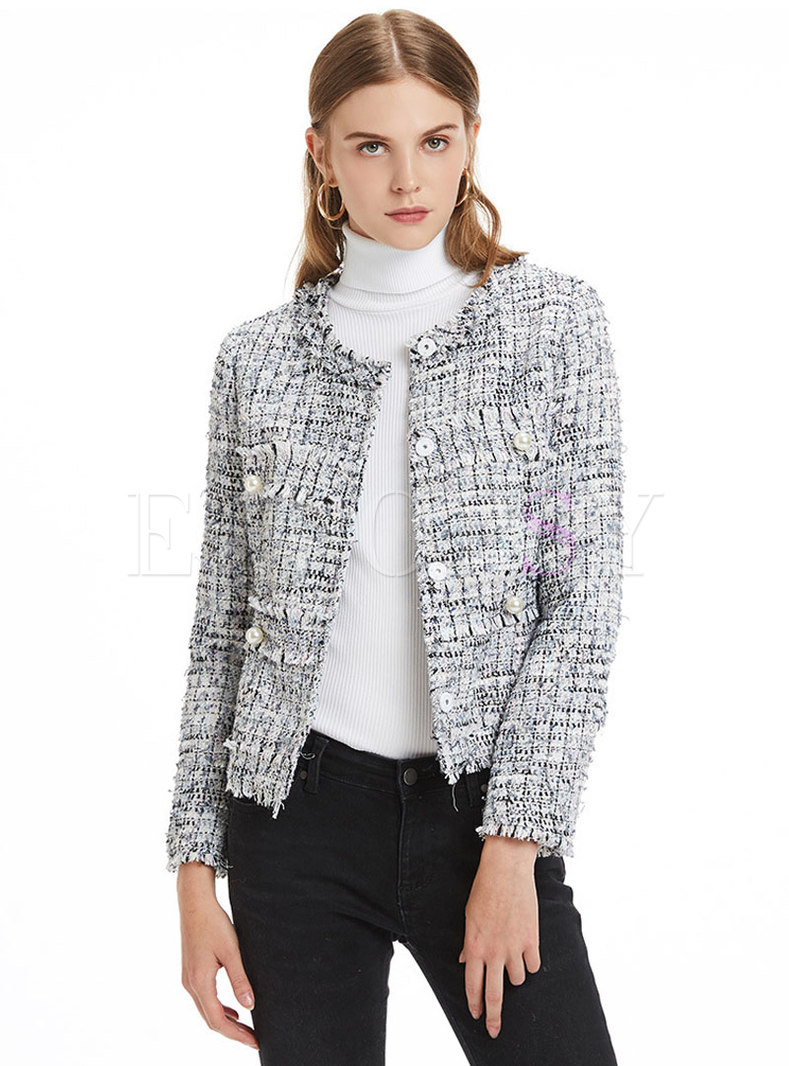 Trendy Solid Color Tweed Plaid Slim Short Coat
