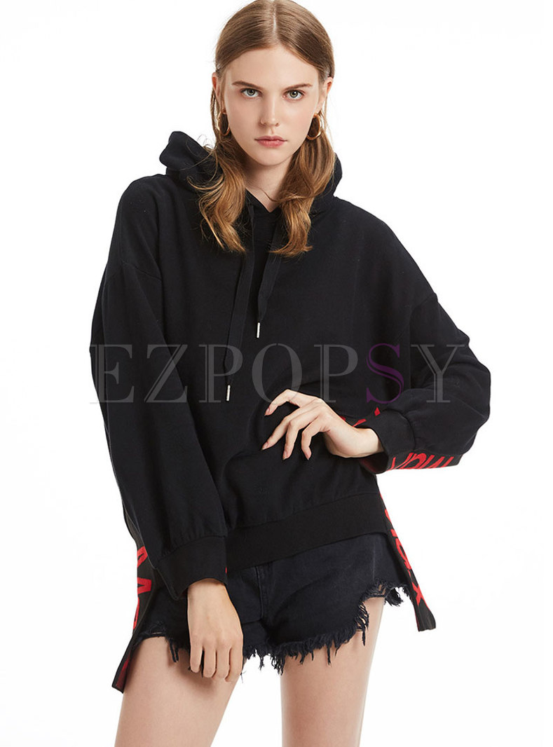 Stylish Black Hooded Cotton Long Sleeve Hoodies With Drawstring