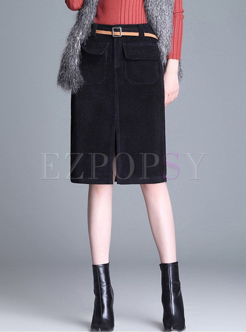 High Waist Easy-matching Slit Knee-length Skirt