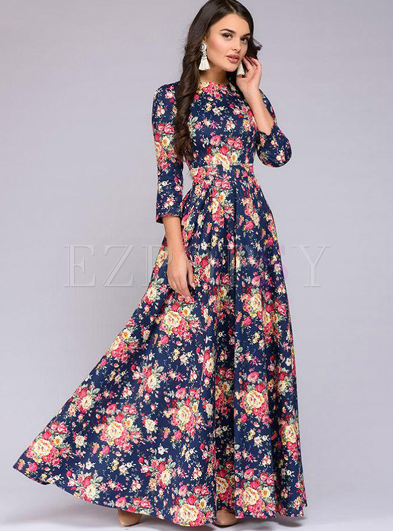Dresses | Maxi Dresses | Winter Elegant O-neck Flower Print Maxi Dress
