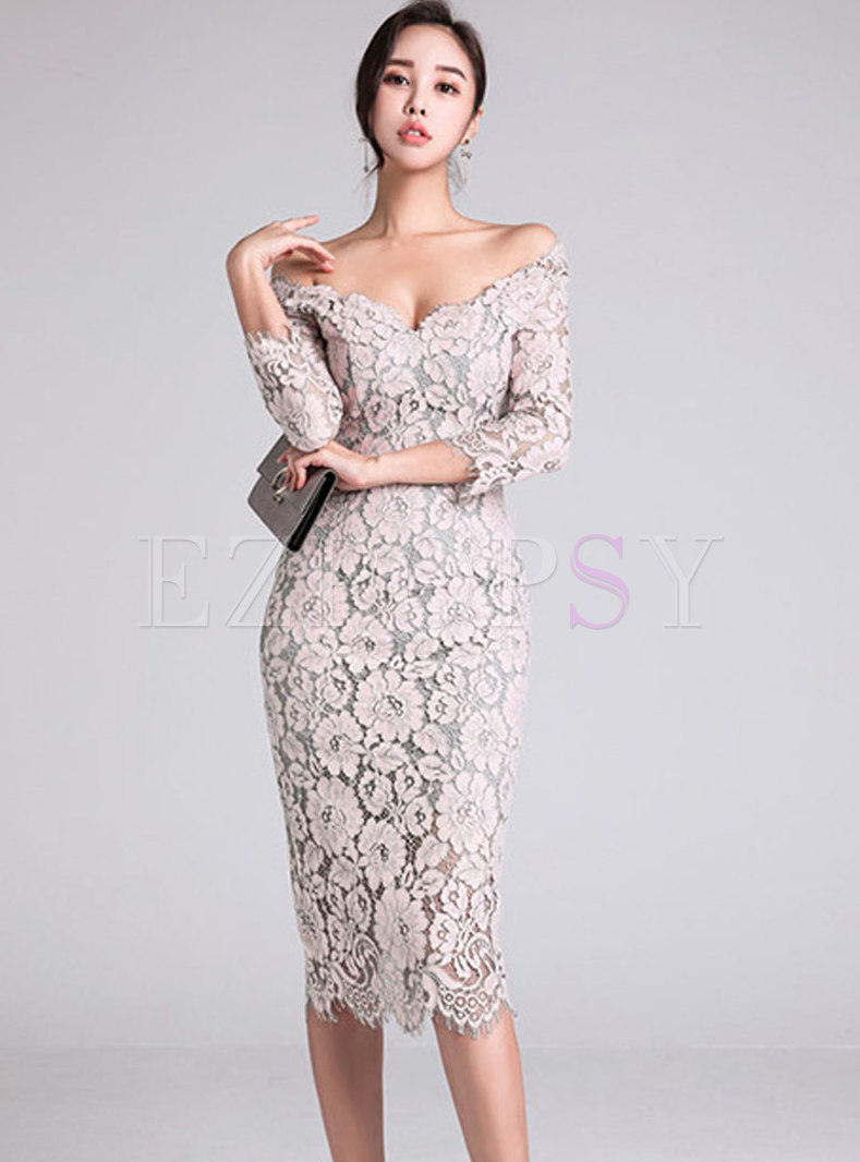 Off-the-shoulder Lace Openwork Bodycon Dress