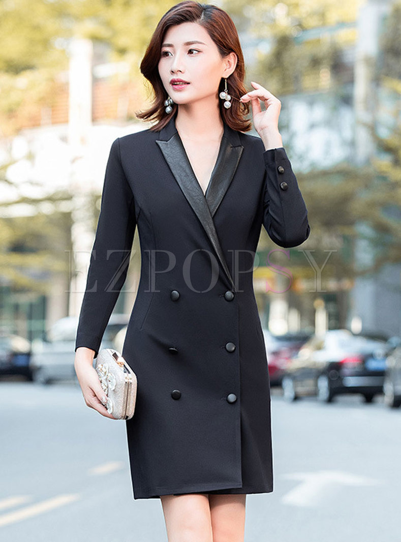 Stylish Black Notched Double-breasted Bodycon Dress