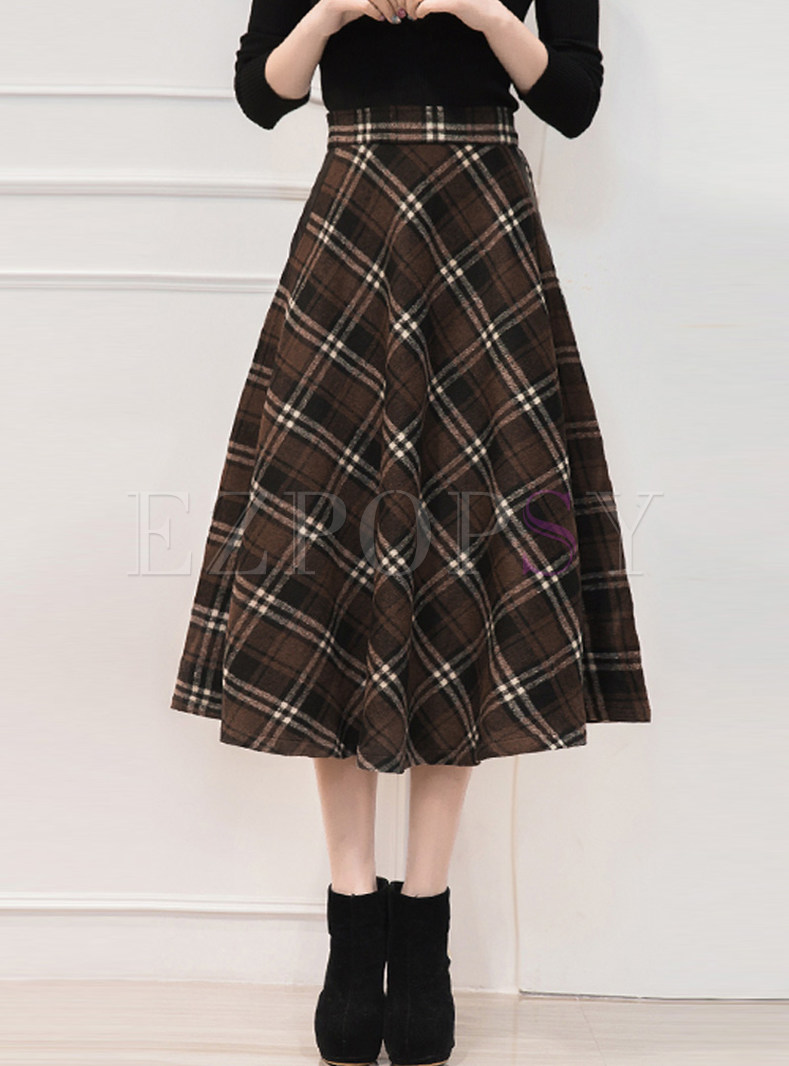 Vintage Plaid Thick Wool Big Hem Midi Skirt