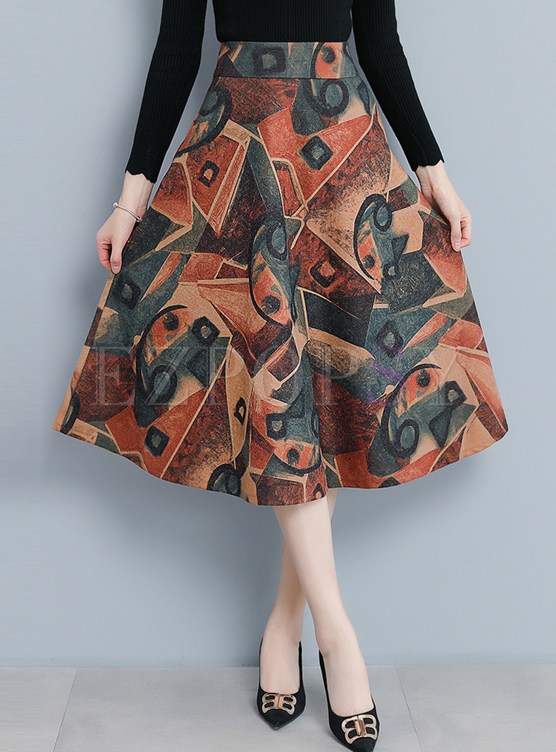 Fashion Woolen Print Big Hem A Line Skirt