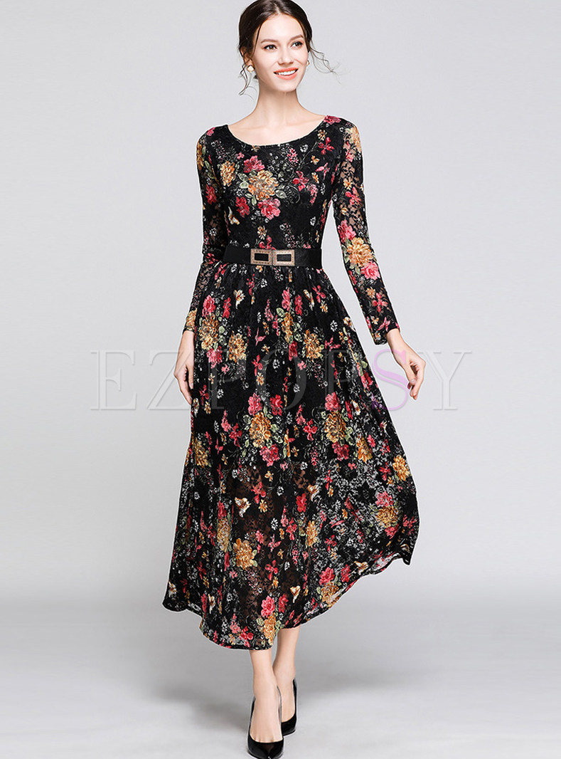 Dresses | Maxi Dresses | Vintage O-neck Long Sleeve Print Lace Maxi Dress