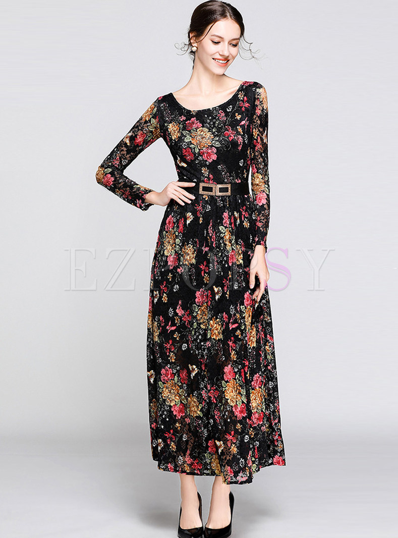 Dresses | Maxi Dresses | Vintage O-neck Long Sleeve Print Lace Maxi Dress