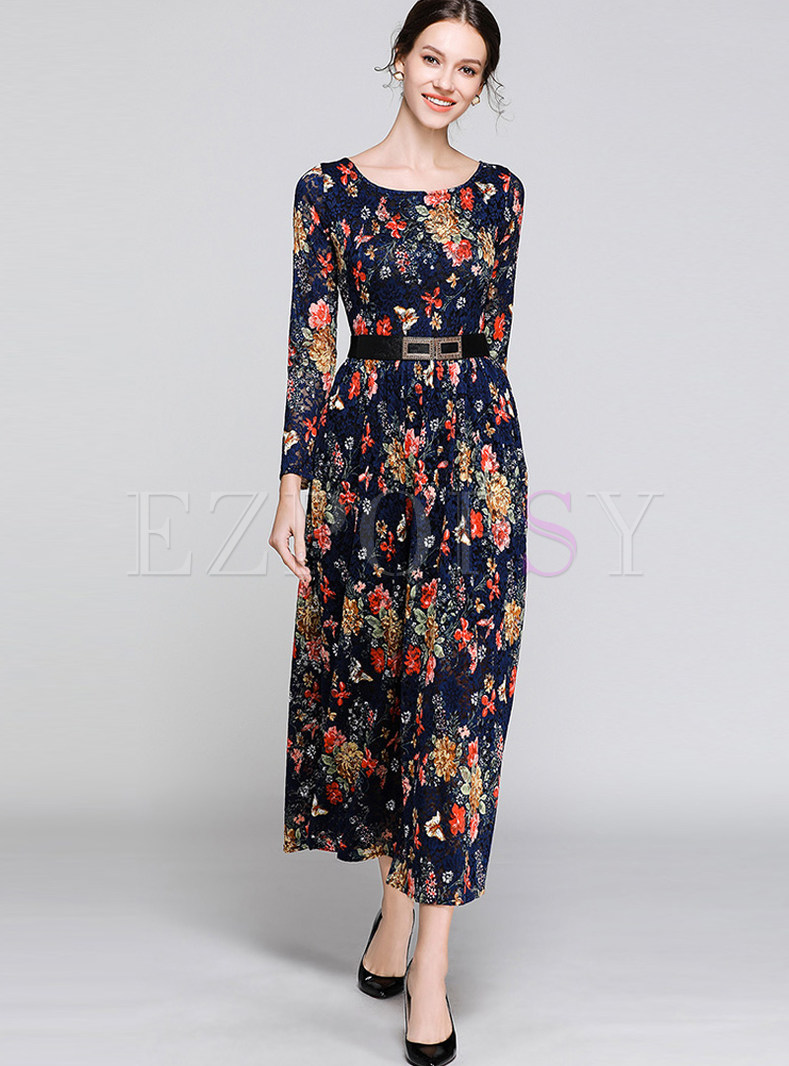 Dresses | Maxi Dresses | O-neck Waist Slim Print Ankle-length Maxi Dress