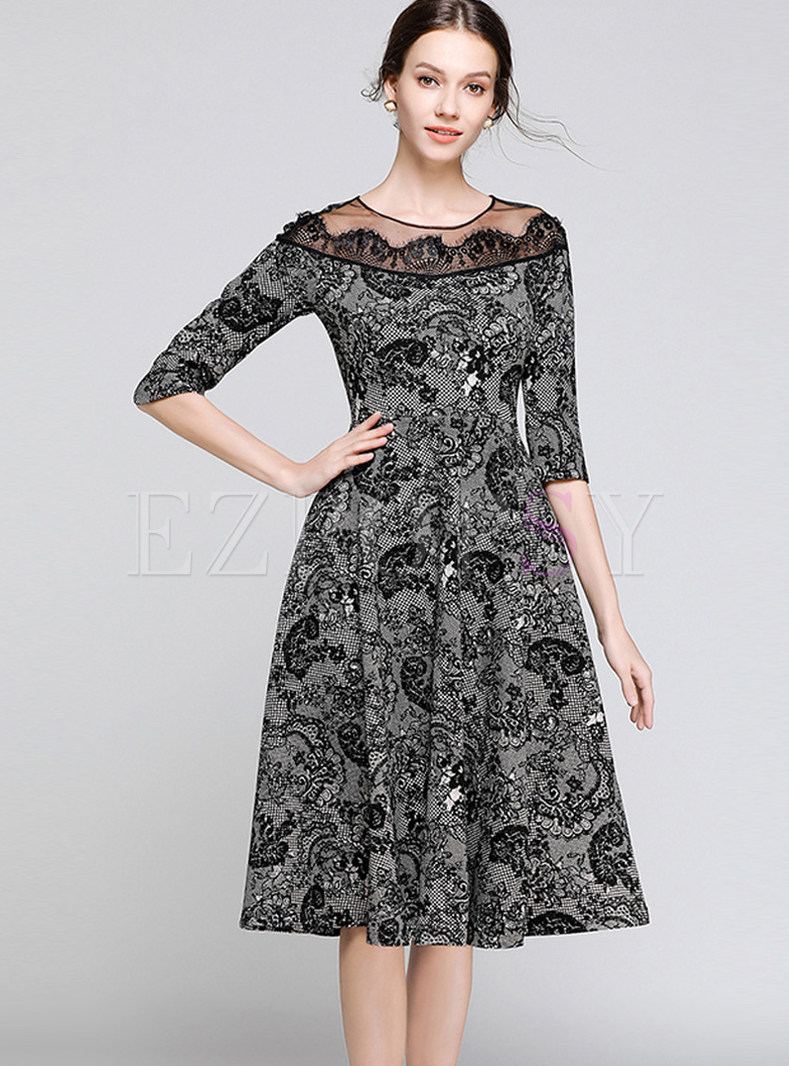 Mesh Splicing Waist Print Lace Knee-length Dress