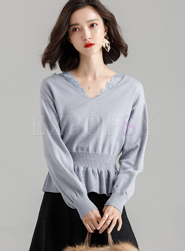 Casual Daily V-neck All-matched Sweater With Ruffled Hem