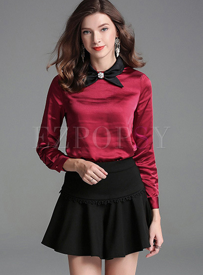 Fashion Color-blocked Bowknot Pullover Blouse