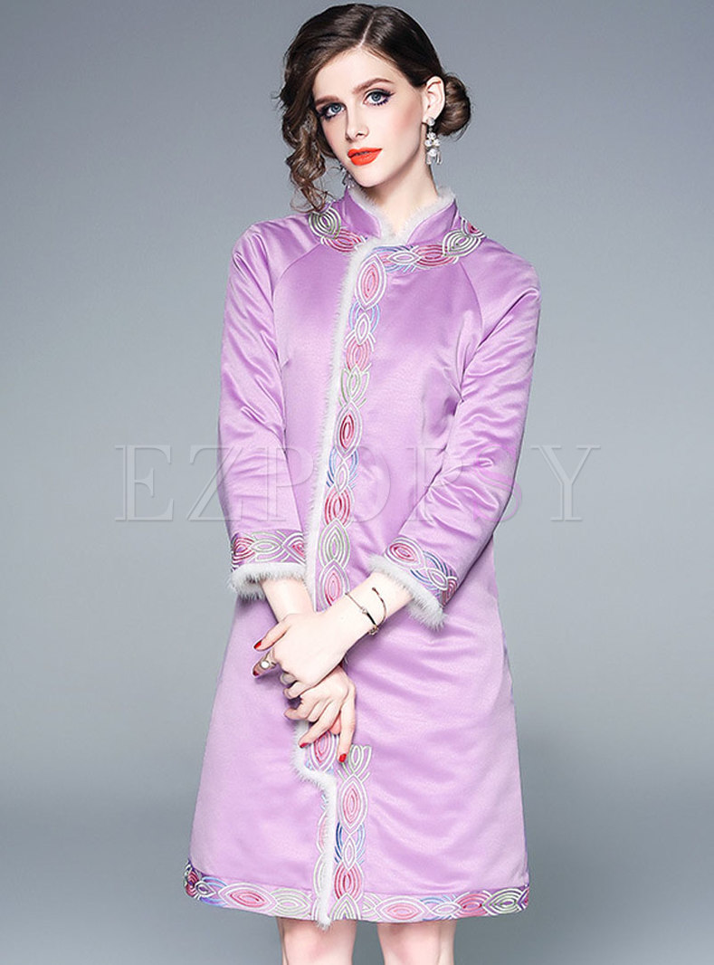 Vintage Stand Collar Embroidered Fur Splicing Thick Coat
